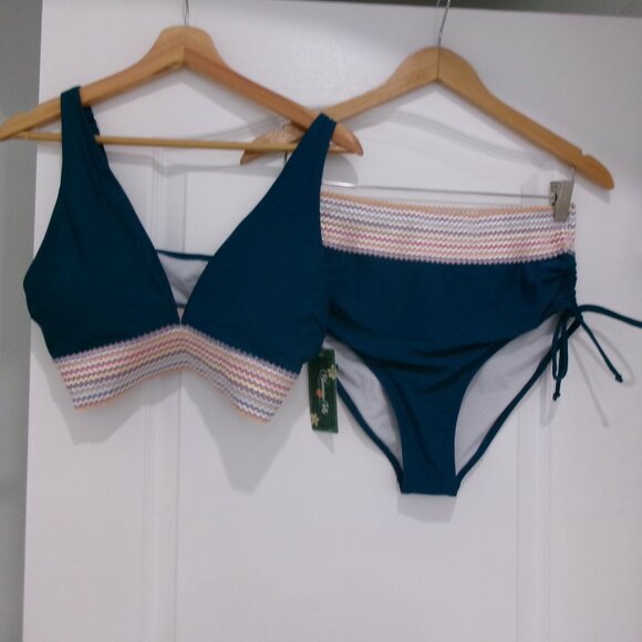 New 2 Piece High Waist Bikini Set Blooming Jelly Turquoise Teal Blue L Ruched - Picture 6 of 12